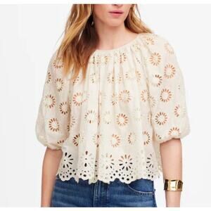 Madewell Embroidered Shirred Puff-Sleeve Top Size XL NWT